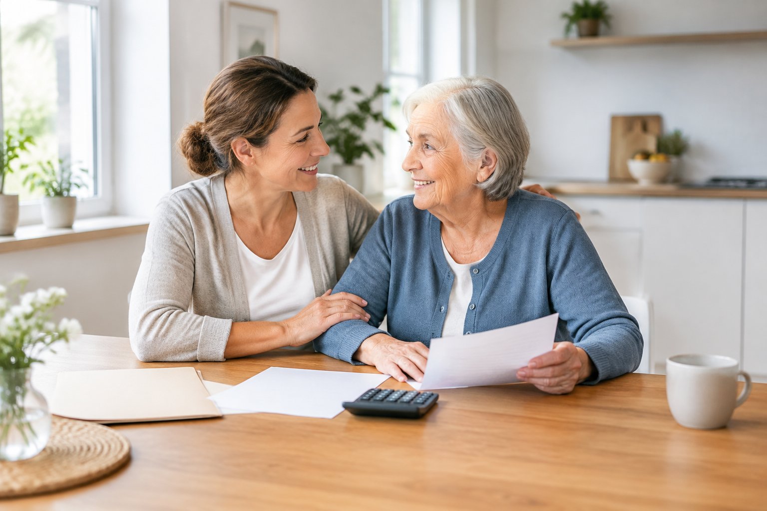 Eine erwachsene Person unterstützt einen älteren Menschen am Küchentisch bei der Durchsicht von Unterlagen.